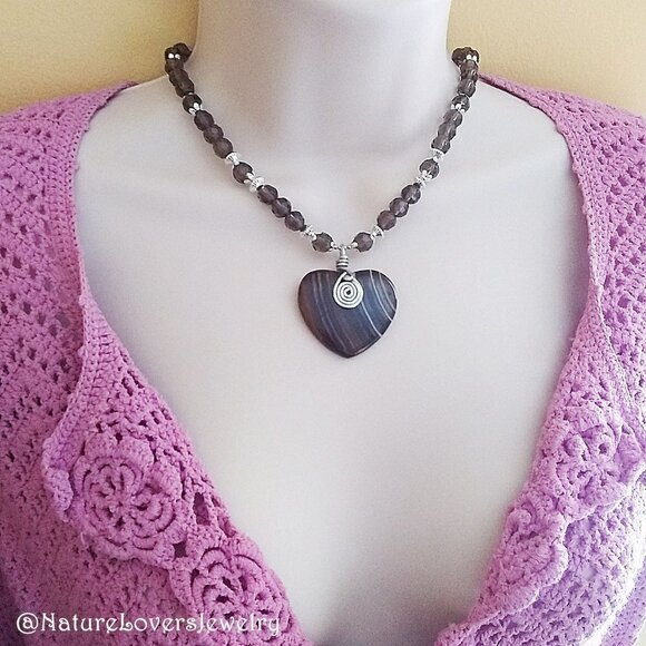 Banded Brown Agate Heart with Beaded Necklace - Silver + Brown Statement Piece! - Picture 1 of 13